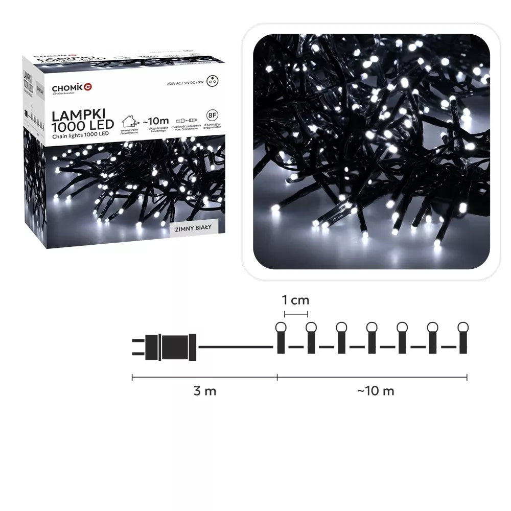LED girlianda 1000 LED, 10 m, šaltai balta