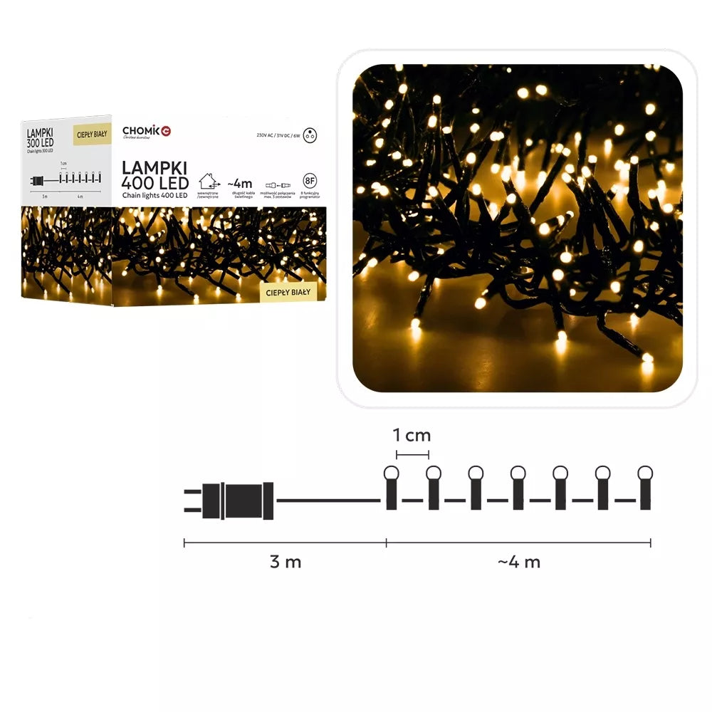 LED girlianda 400 LED, 4 m, šiltai balta