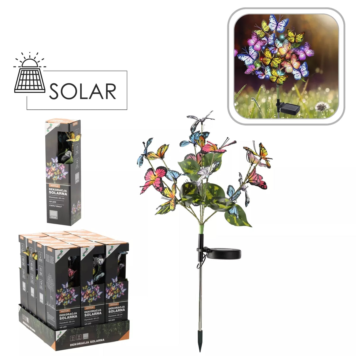 Záhradná dekorácia na solárnu energiu s LED motýľmi, 68 cm