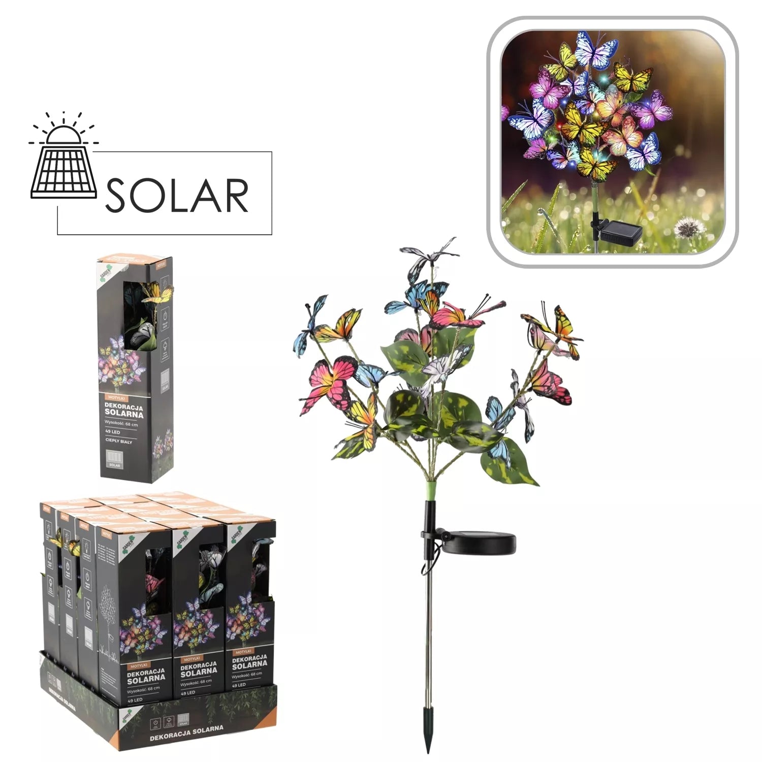 Záhradná dekorácia na solárnu energiu s LED motýľmi, 68 cm