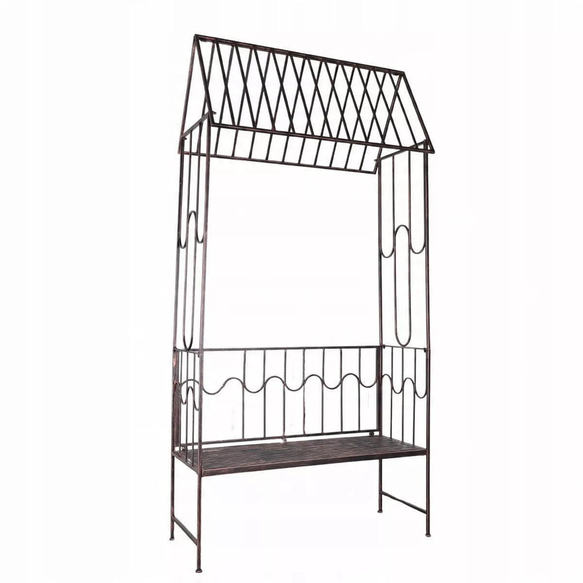 Záhradná pergola s lavičkou, antická hnedá farba, kovová