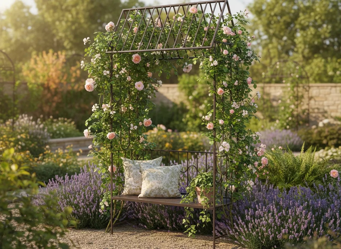 Záhradná pergola s lavičkou, antická hnedá farba, kovová