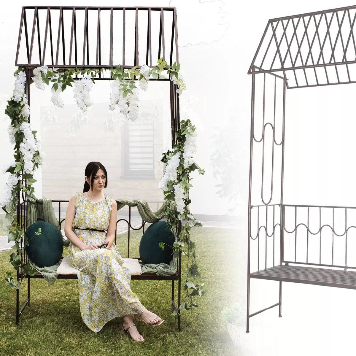 Záhradná pergola s lavičkou, antická hnedá farba, kovová