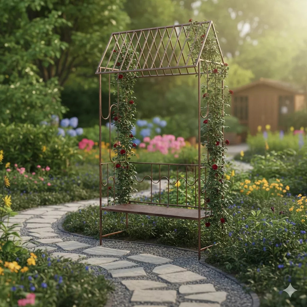 Záhradná pergola s lavičkou, antická hnedá farba, kovová