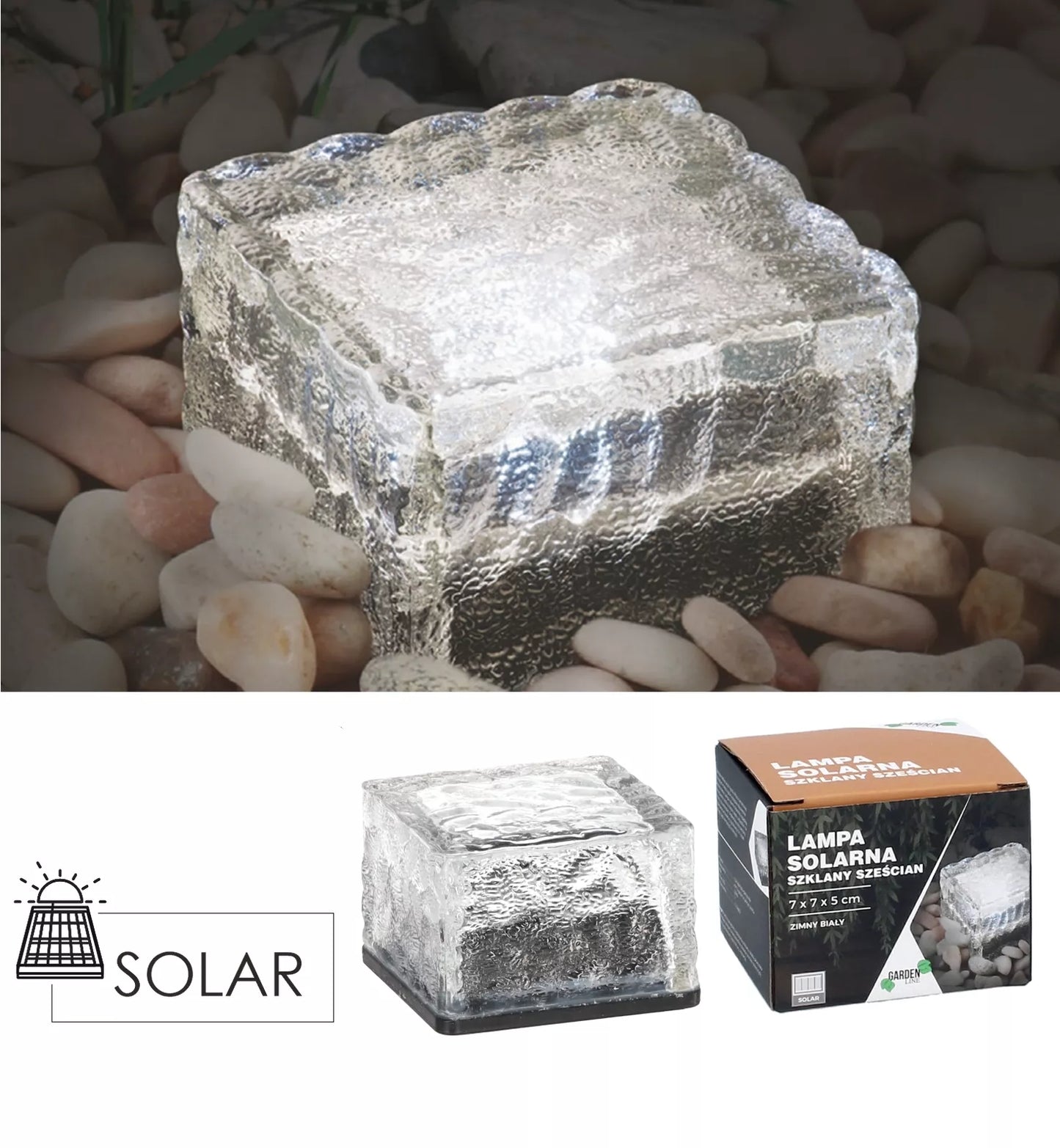 Sklenená solárna lampa – kocka 7 × 7 × 5 cm, studená biela LED