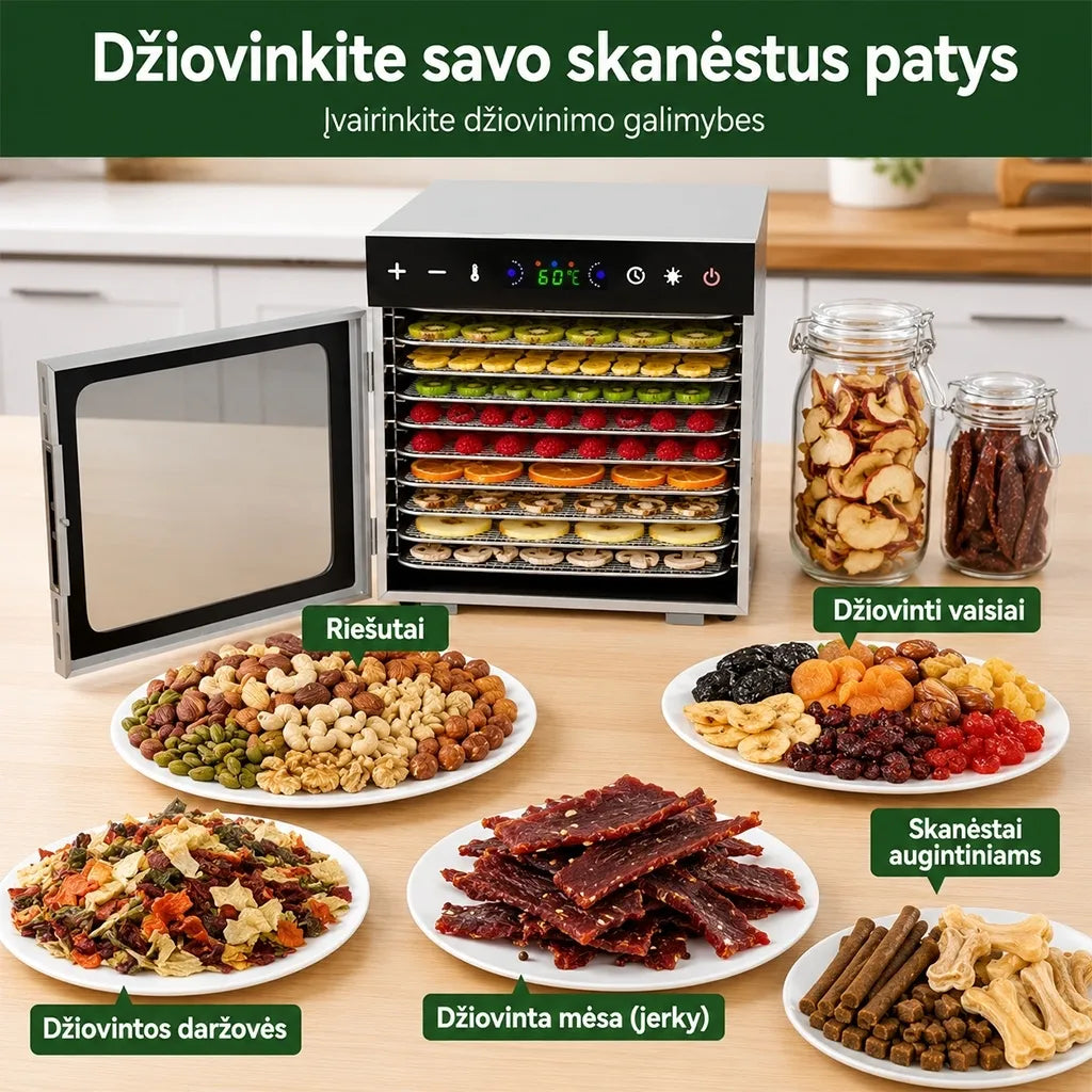 Vaisių ir maisto džiovyklė 800 W, 18 padėklų, nerūdijančio plieno korpusas